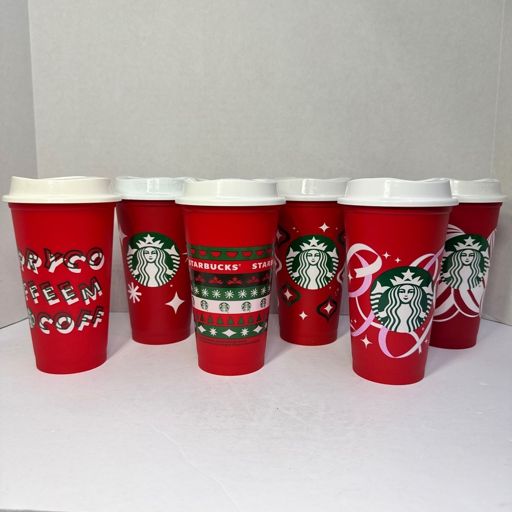 Starbucks Reusable Red Holiday Cups Set of 6 Christmas Festive Designs 16oz Lids